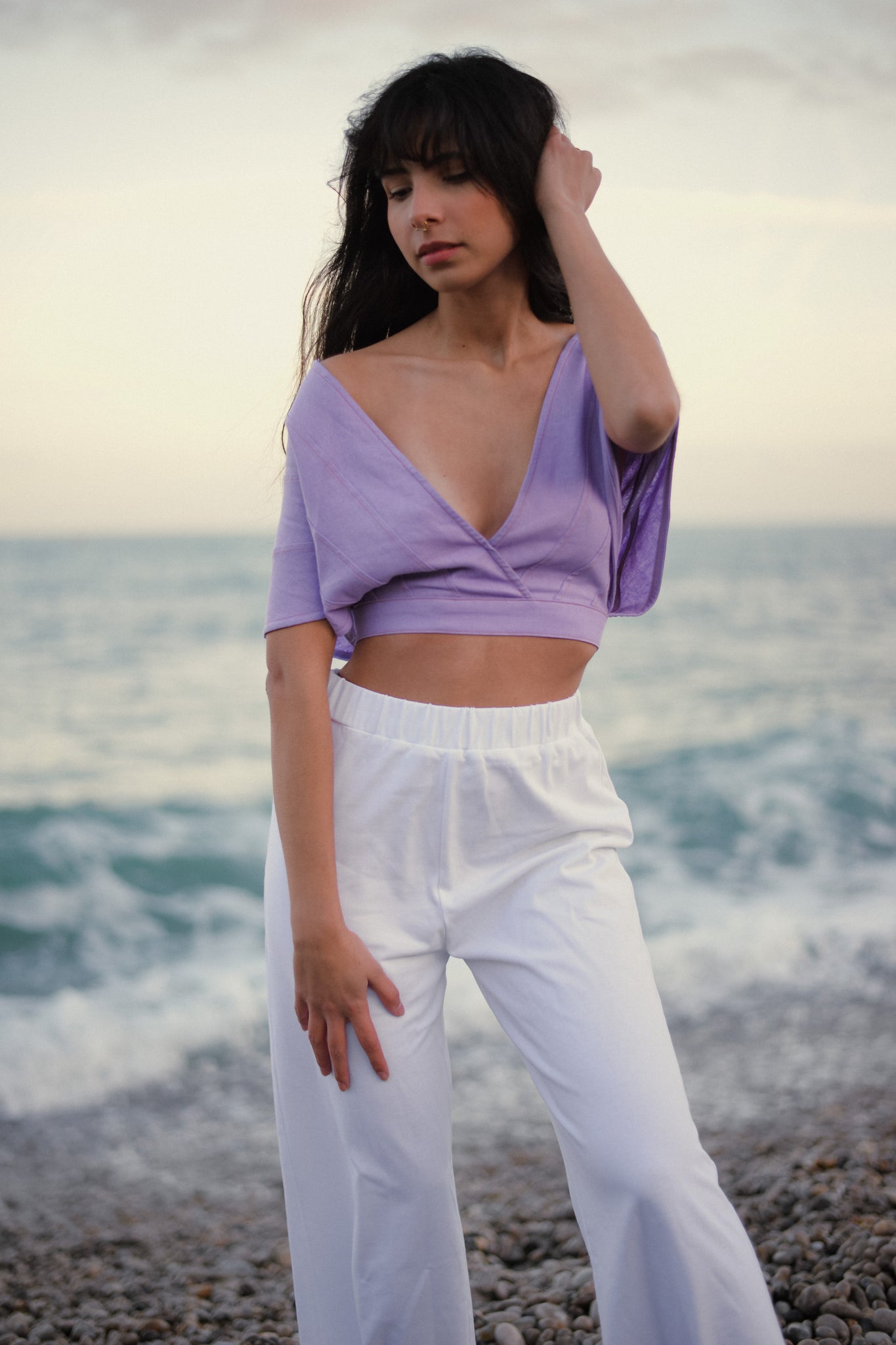 Purple Cotton V Shape shirt